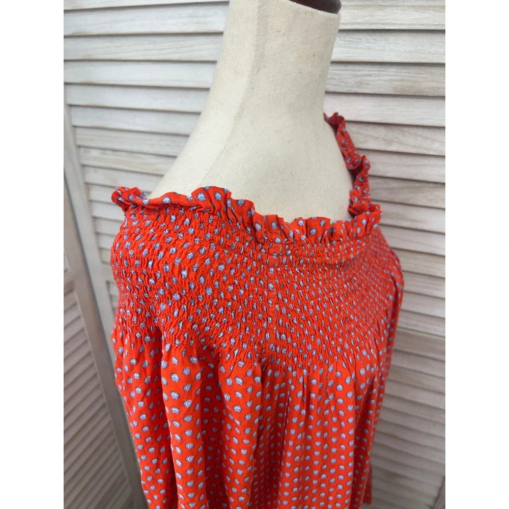 Tory Burch Off the Shoulder Dress Size XS Orange Polka Dot Shirred Ruched Ruffle
